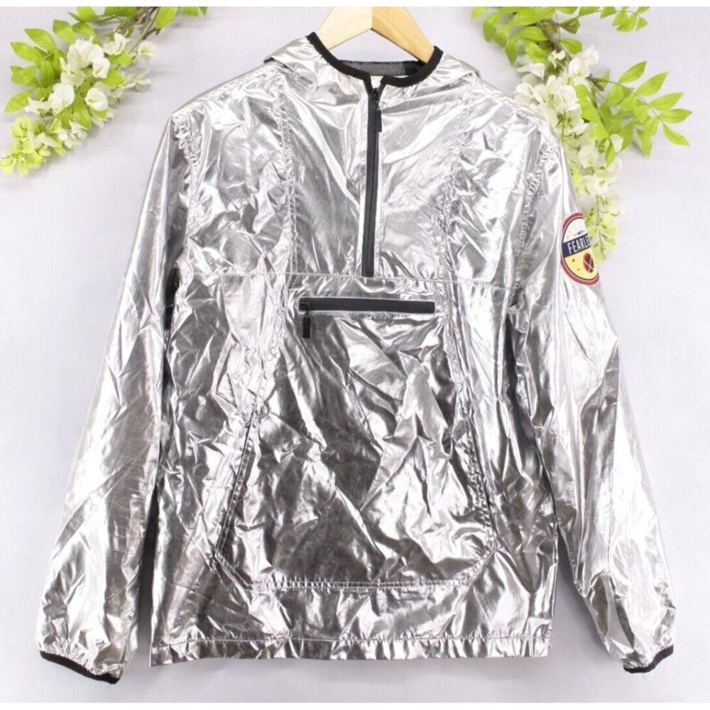 BKYS Glitz Foil Windbreaker Jacket Silver Metallic Sz S NWT